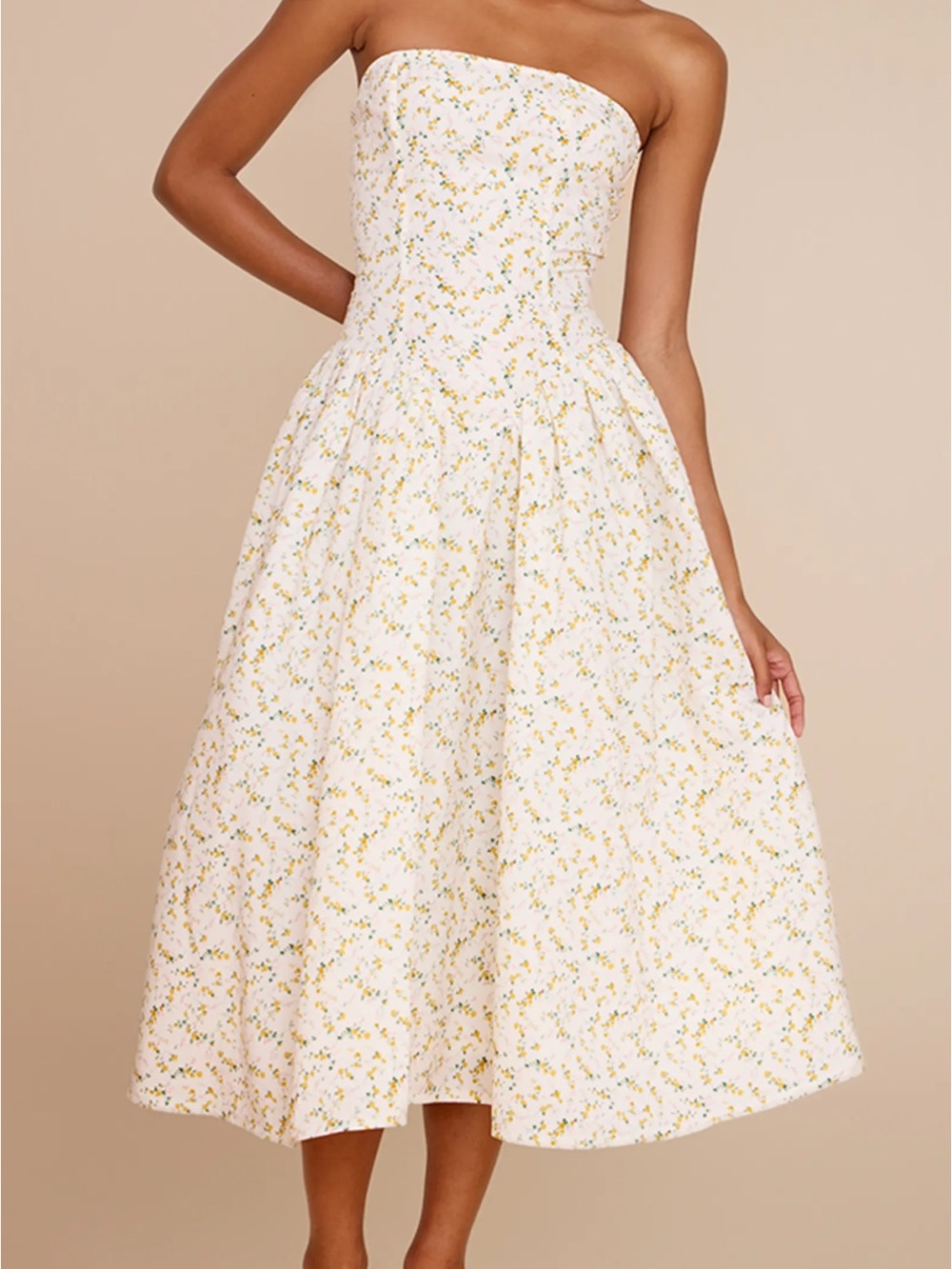 PLT Strapless White Floral Midi Dress